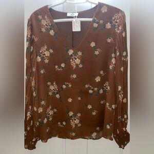 Entro Boho Relaxed Floral Brown Long Sleeve Blouse~Medium NWOT